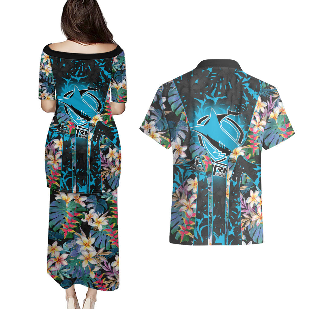 Cronulla-Sutherland Sharks Couples Matching Puletasi and Hawaiian Shirt Tropical Island Floral Pattern With Black And Blue Accents