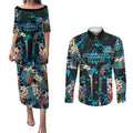 Cronulla-Sutherland Sharks Couples Matching Puletasi and Long Sleeve Button Shirt Tropical Island Floral Pattern With Black And Blue Accents