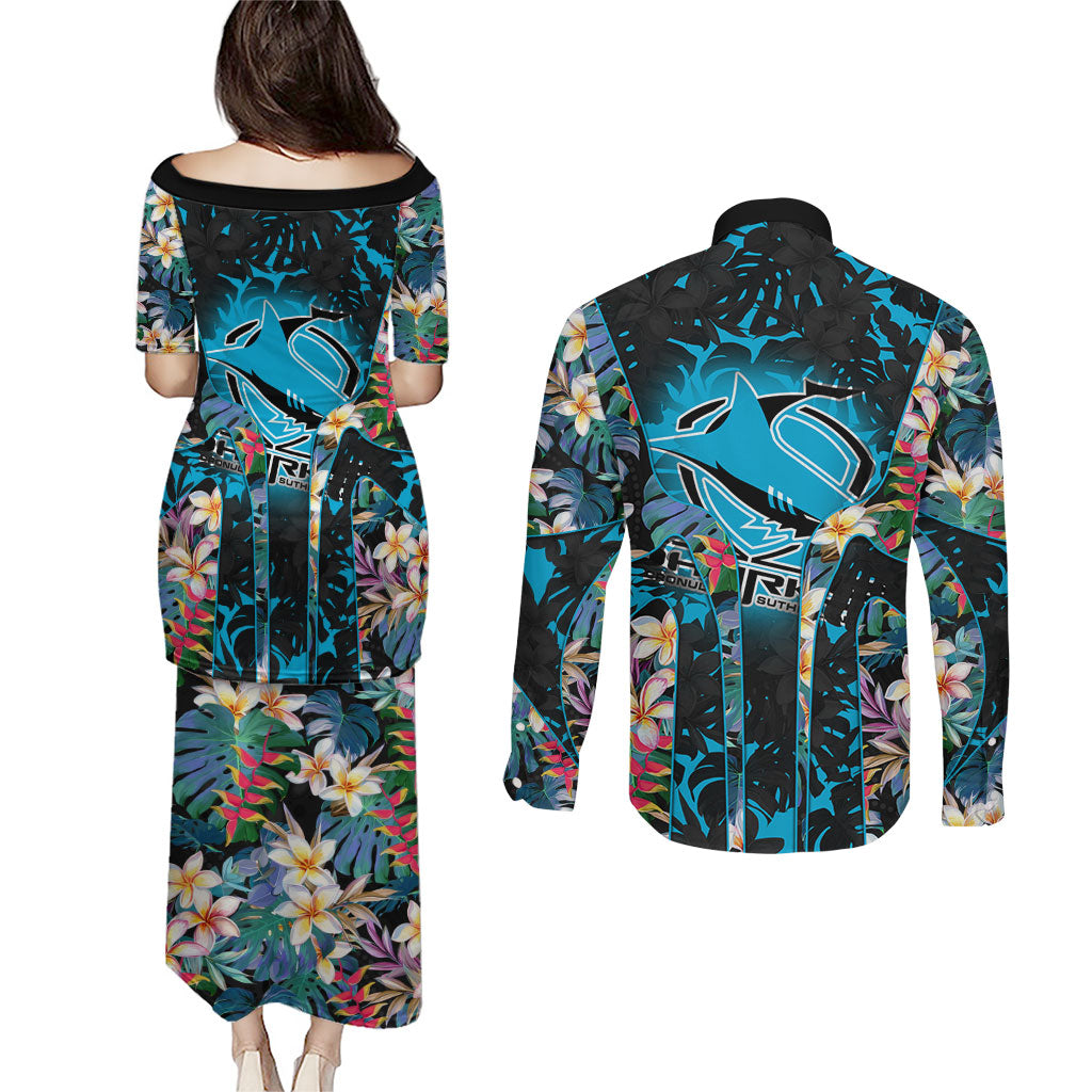 Cronulla-Sutherland Sharks Couples Matching Puletasi and Long Sleeve Button Shirt Tropical Island Floral Pattern With Black And Blue Accents