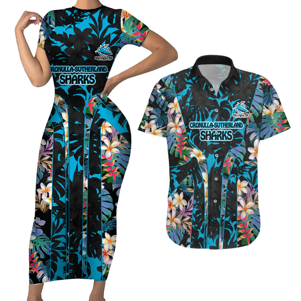 Cronulla-Sutherland Sharks Couples Matching Short Sleeve Bodycon Dress and Hawaiian Shirt Tropical Island Floral Pattern With Black And Blue Accents