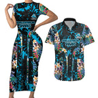 Cronulla-Sutherland Sharks Couples Matching Short Sleeve Bodycon Dress and Hawaiian Shirt Tropical Island Floral Pattern With Black And Blue Accents