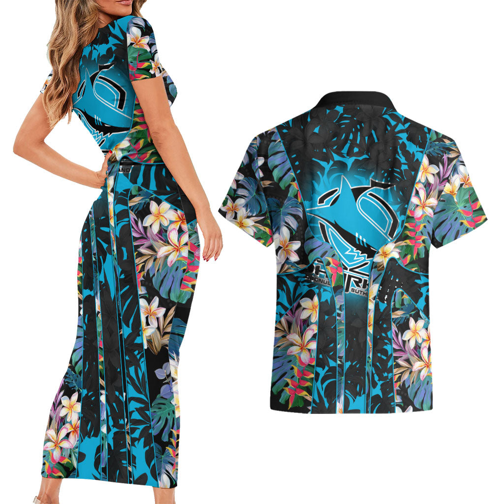 Cronulla-Sutherland Sharks Couples Matching Short Sleeve Bodycon Dress and Hawaiian Shirt Tropical Island Floral Pattern With Black And Blue Accents