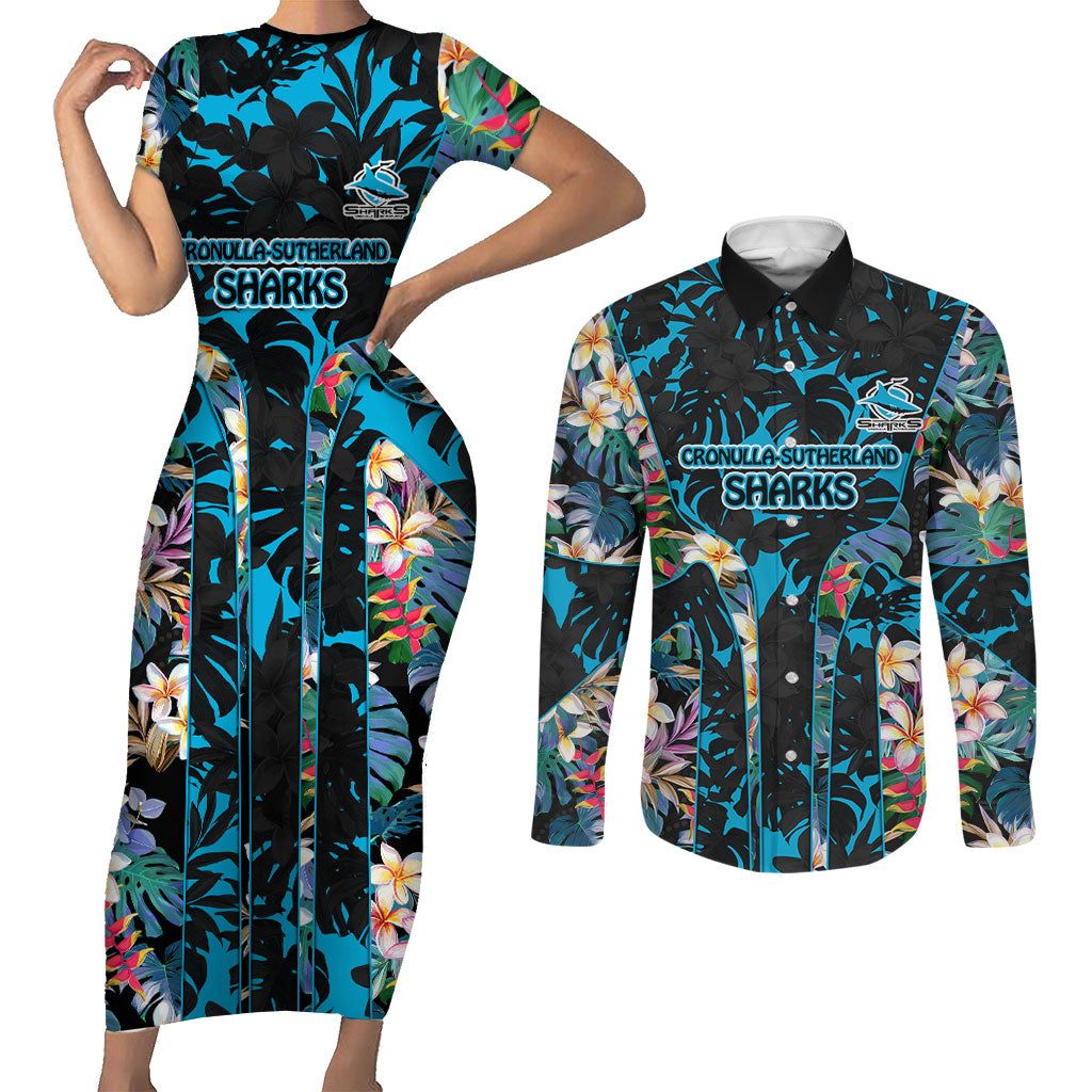 Cronulla-Sutherland Sharks Couples Matching Short Sleeve Bodycon Dress and Long Sleeve Button Shirt Tropical Island Floral Pattern With Black And Blue Accents