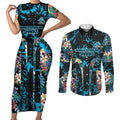 Cronulla-Sutherland Sharks Couples Matching Short Sleeve Bodycon Dress and Long Sleeve Button Shirt Tropical Island Floral Pattern With Black And Blue Accents
