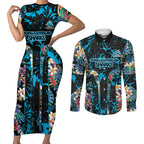 Cronulla-Sutherland Sharks Couples Matching Short Sleeve Bodycon Dress and Long Sleeve Button Shirt Tropical Island Floral Pattern With Black And Blue Accents