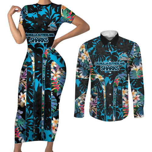 Cronulla-Sutherland Sharks Couples Matching Short Sleeve Bodycon Dress and Long Sleeve Button Shirt Tropical Island Floral Pattern With Black And Blue Accents