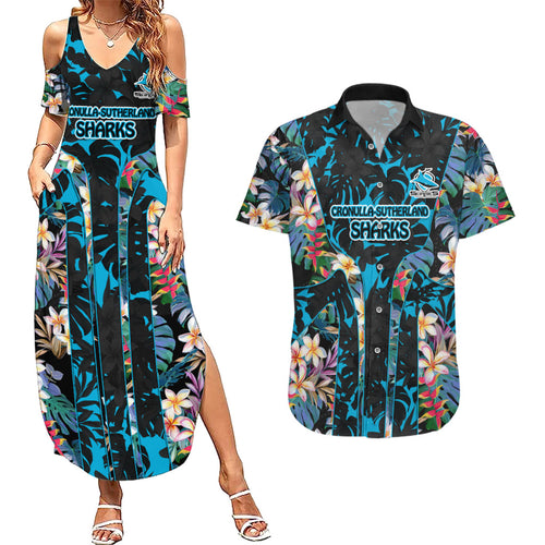 Cronulla-Sutherland Sharks Couples Matching Summer Maxi Dress and Hawaiian Shirt Tropical Island Floral Pattern With Black And Blue Accents