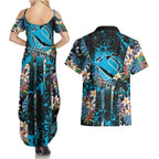 Cronulla-Sutherland Sharks Couples Matching Summer Maxi Dress and Hawaiian Shirt Tropical Island Floral Pattern With Black And Blue Accents