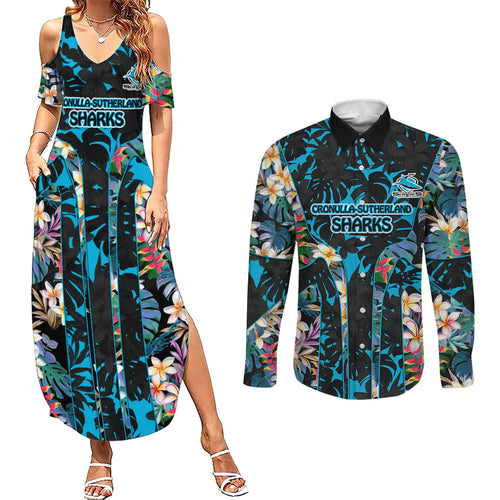 Cronulla-Sutherland Sharks Couples Matching Summer Maxi Dress and Long Sleeve Button Shirt Tropical Island Floral Pattern With Black And Blue Accents