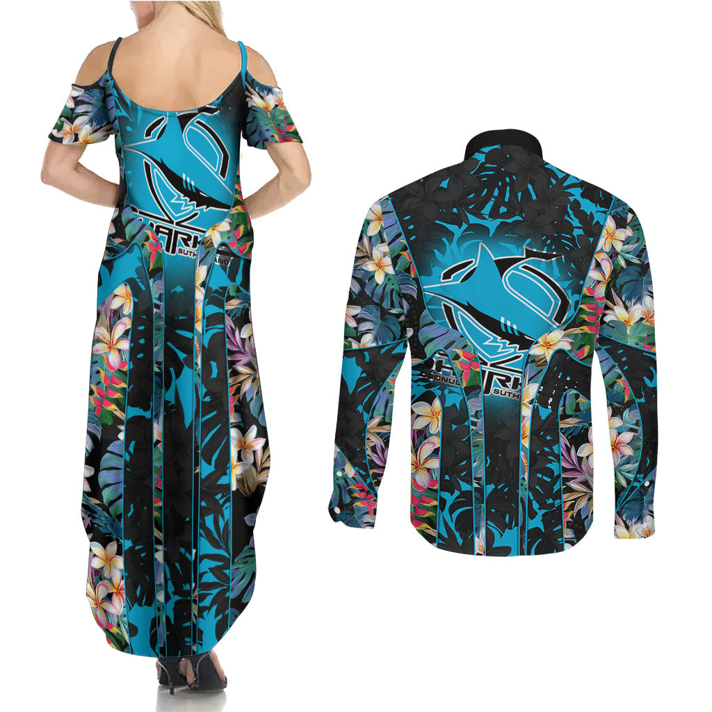 Cronulla-Sutherland Sharks Couples Matching Summer Maxi Dress and Long Sleeve Button Shirt Tropical Island Floral Pattern With Black And Blue Accents