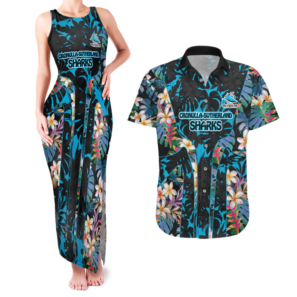 Cronulla-Sutherland Sharks Couples Matching Tank Maxi Dress and Hawaiian Shirt Tropical Island Floral Pattern With Black And Blue Accents