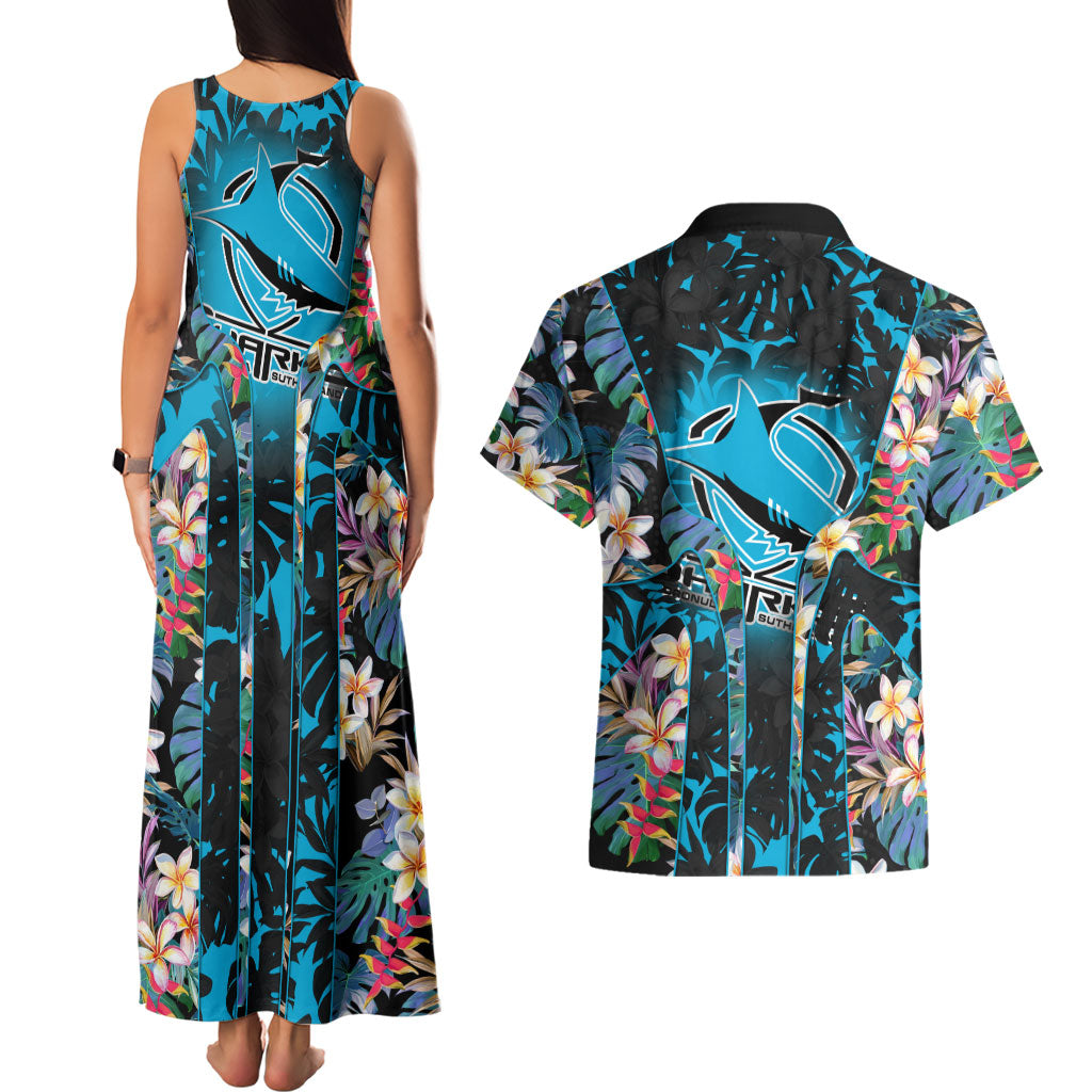 Cronulla-Sutherland Sharks Couples Matching Tank Maxi Dress and Hawaiian Shirt Tropical Island Floral Pattern With Black And Blue Accents