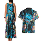 Cronulla-Sutherland Sharks Couples Matching Tank Maxi Dress and Hawaiian Shirt Tropical Island Floral Pattern With Black And Blue Accents