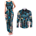 Cronulla-Sutherland Sharks Couples Matching Tank Maxi Dress and Long Sleeve Button Shirt Tropical Island Floral Pattern With Black And Blue Accents