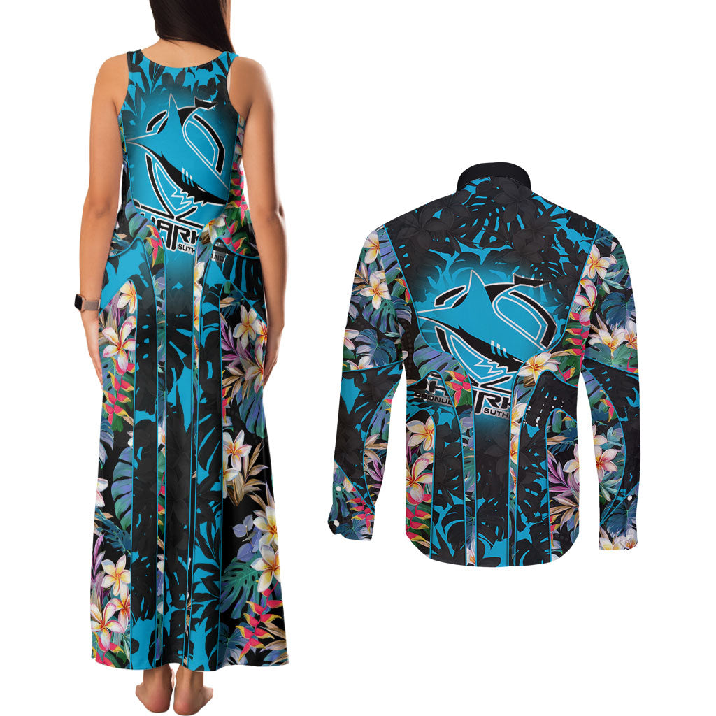 Cronulla-Sutherland Sharks Couples Matching Tank Maxi Dress and Long Sleeve Button Shirt Tropical Island Floral Pattern With Black And Blue Accents