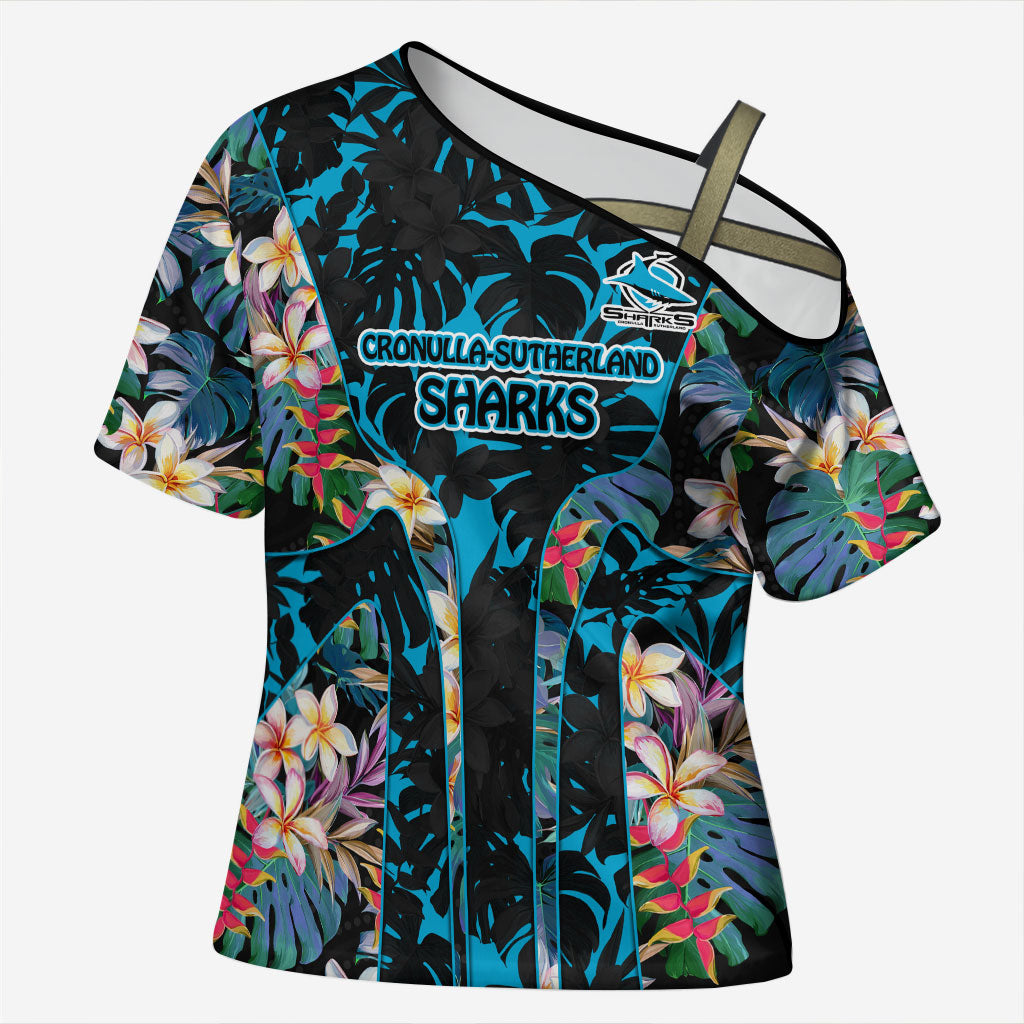 Cronulla-Sutherland Sharks Cross Shoulder Shirt Tropical Island Floral Pattern With Black And Blue Accents