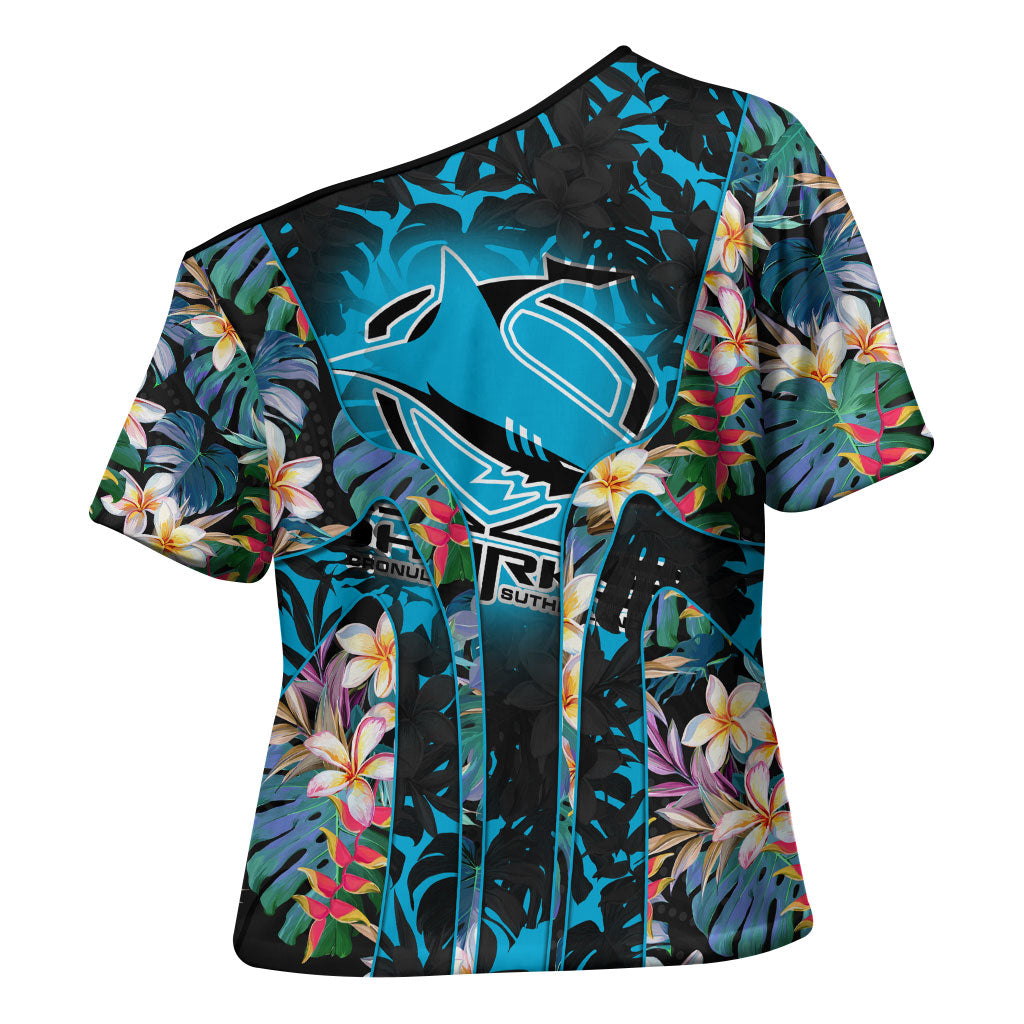 Cronulla-Sutherland Sharks Cross Shoulder Shirt Tropical Island Floral Pattern With Black And Blue Accents