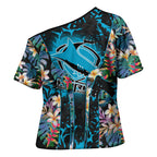 Cronulla-Sutherland Sharks Cross Shoulder Shirt Tropical Island Floral Pattern With Black And Blue Accents