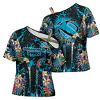 Cronulla-Sutherland Sharks Cross Shoulder Shirt Tropical Island Floral Pattern With Black And Blue Accents