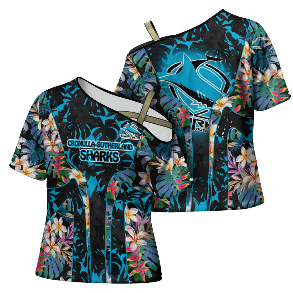 Cronulla-Sutherland Sharks Cross Shoulder Shirt Tropical Island Floral Pattern With Black And Blue Accents