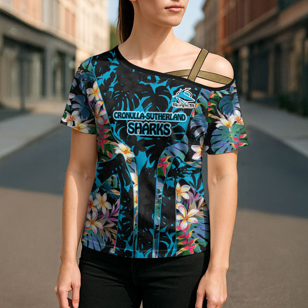 Cronulla-Sutherland Sharks Cross Shoulder Shirt Tropical Island Floral Pattern With Black And Blue Accents