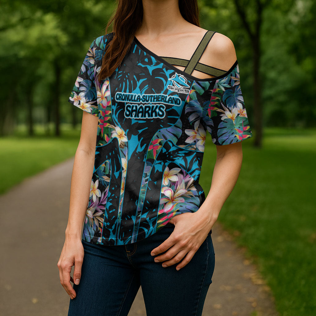 Cronulla-Sutherland Sharks Cross Shoulder Shirt Tropical Island Floral Pattern With Black And Blue Accents