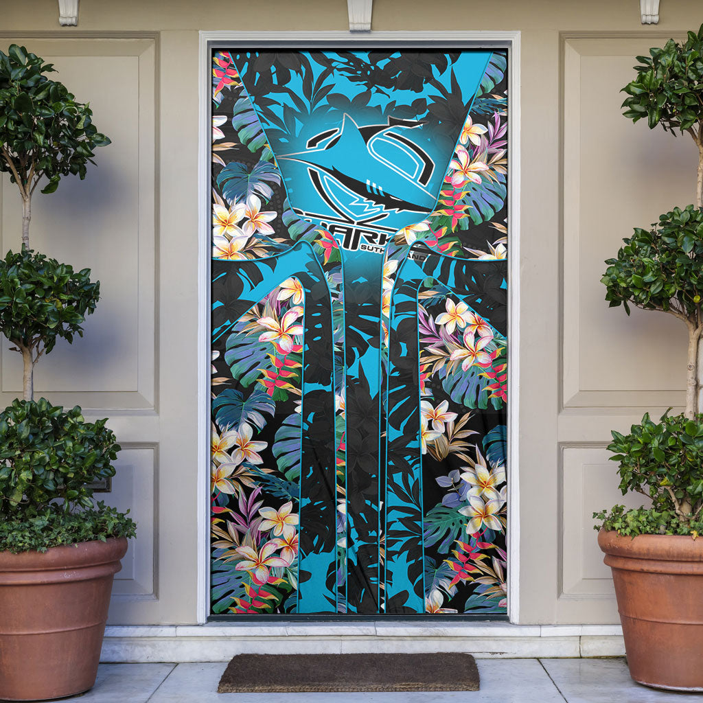 Cronulla-Sutherland Sharks Door Cover Tropical Island Floral Pattern With Black And Blue Accents