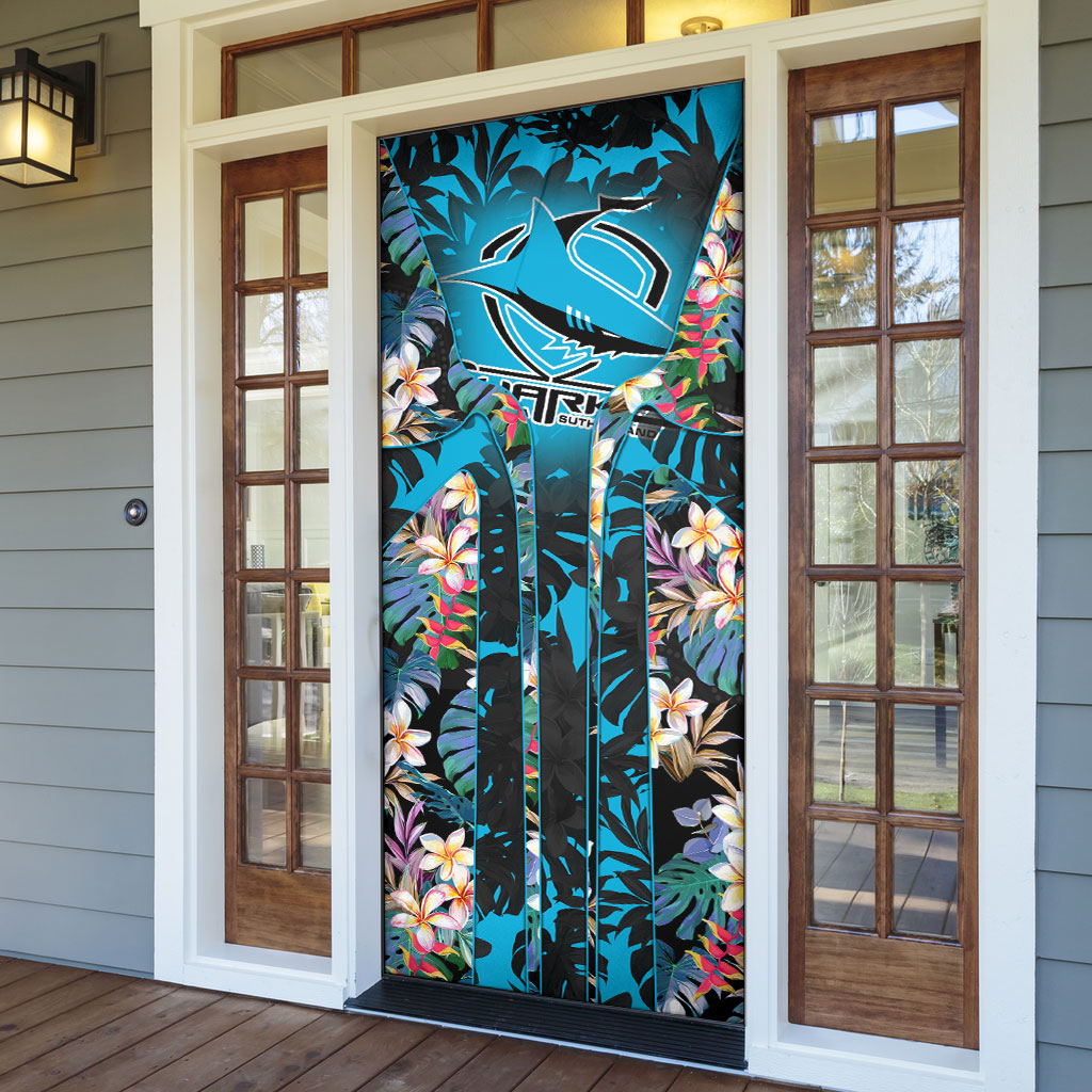 Cronulla-Sutherland Sharks Door Cover Tropical Island Floral Pattern With Black And Blue Accents