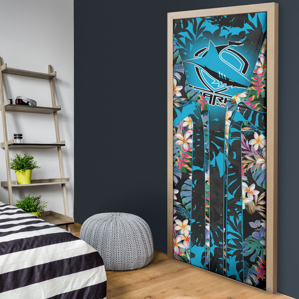 Cronulla-Sutherland Sharks Door Cover Tropical Island Floral Pattern With Black And Blue Accents