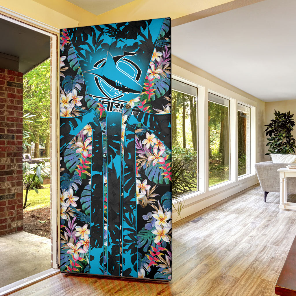 Cronulla-Sutherland Sharks Door Cover Tropical Island Floral Pattern With Black And Blue Accents