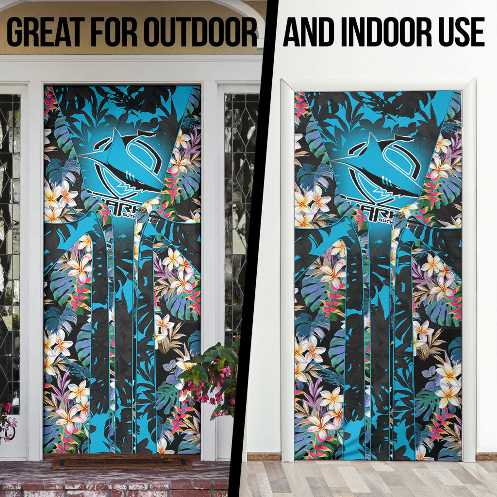 Cronulla-Sutherland Sharks Door Cover Tropical Island Floral Pattern With Black And Blue Accents