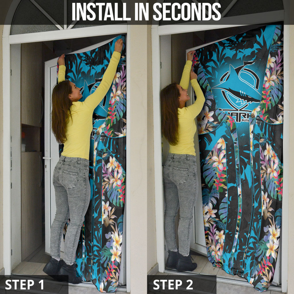 Cronulla-Sutherland Sharks Door Cover Tropical Island Floral Pattern With Black And Blue Accents