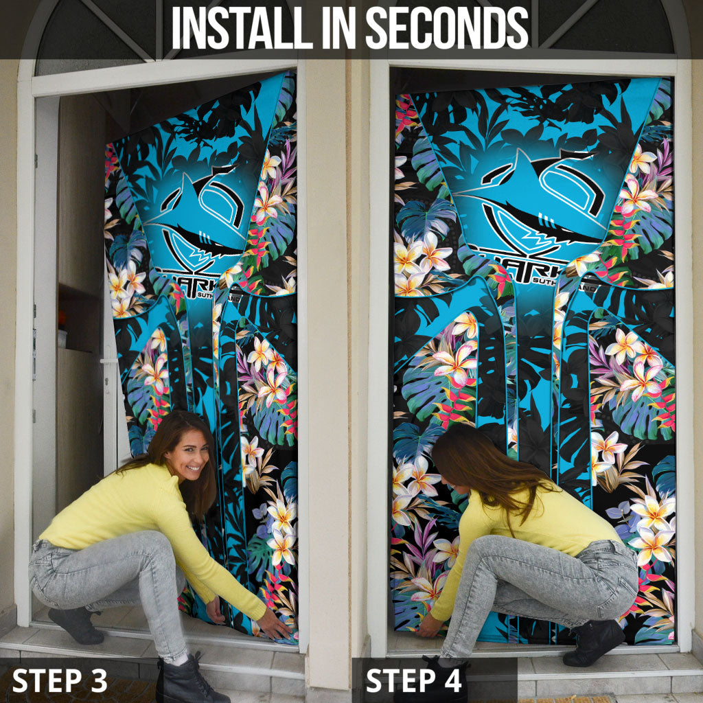 Cronulla-Sutherland Sharks Door Cover Tropical Island Floral Pattern With Black And Blue Accents