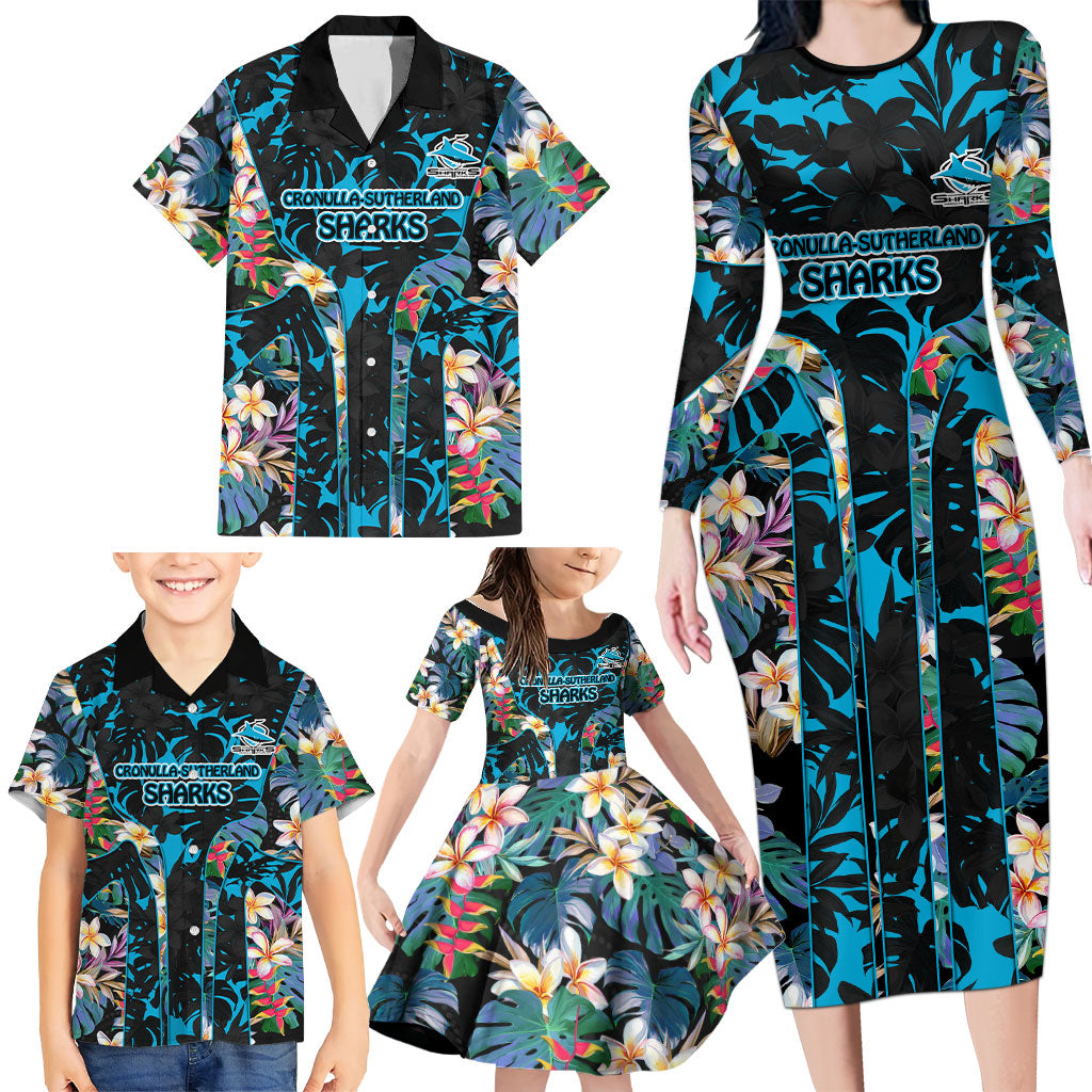Cronulla-Sutherland Sharks Family Matching Long Sleeve Bodycon Dress and Hawaiian Shirt Tropical Island Floral Pattern With Black And Blue Accents