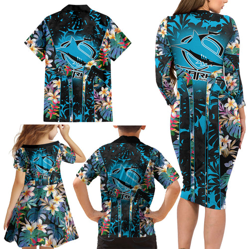 Cronulla-Sutherland Sharks Family Matching Long Sleeve Bodycon Dress and Hawaiian Shirt Tropical Island Floral Pattern With Black And Blue Accents