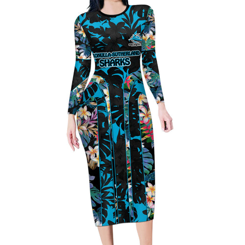 Cronulla-Sutherland Sharks Family Matching Long Sleeve Bodycon Dress and Hawaiian Shirt Tropical Island Floral Pattern With Black And Blue Accents