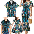 Cronulla-Sutherland Sharks Family Matching Mermaid Dress and Hawaiian Shirt Tropical Island Floral Pattern With Black And Blue Accents