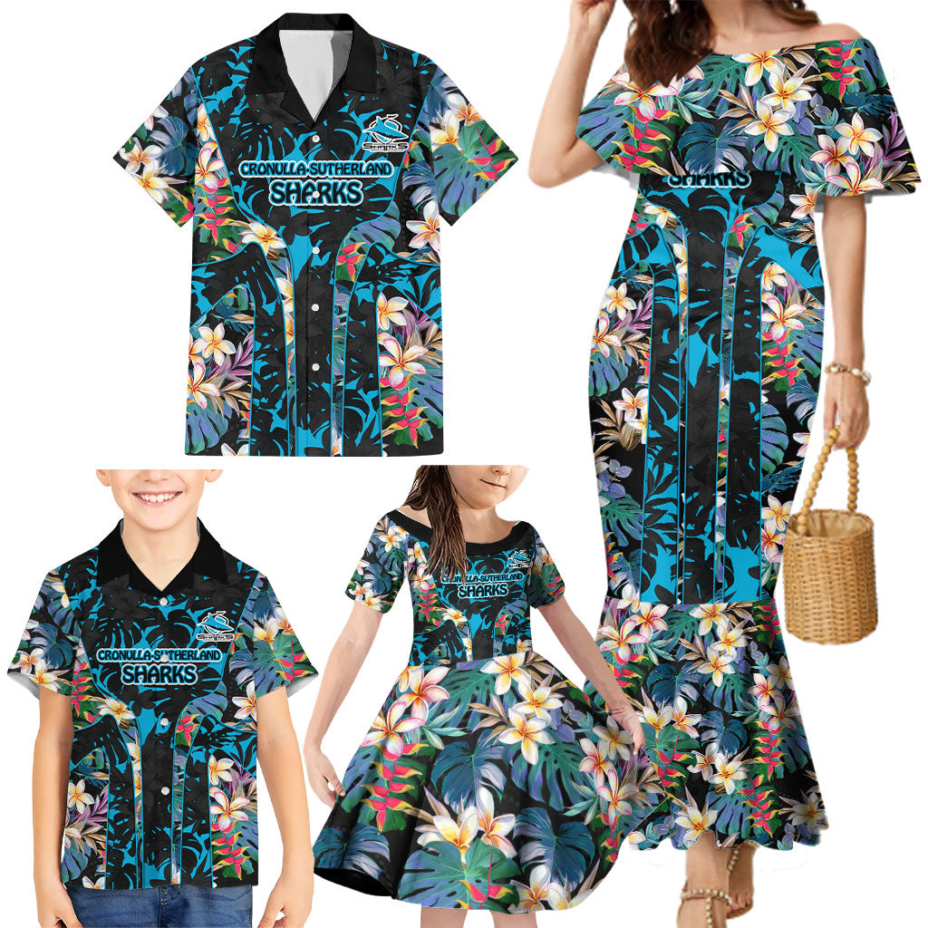 Cronulla-Sutherland Sharks Family Matching Mermaid Dress and Hawaiian Shirt Tropical Island Floral Pattern With Black And Blue Accents
