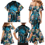 Cronulla-Sutherland Sharks Family Matching Mermaid Dress and Hawaiian Shirt Tropical Island Floral Pattern With Black And Blue Accents