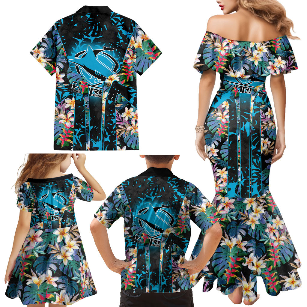 Cronulla-Sutherland Sharks Family Matching Mermaid Dress and Hawaiian Shirt Tropical Island Floral Pattern With Black And Blue Accents