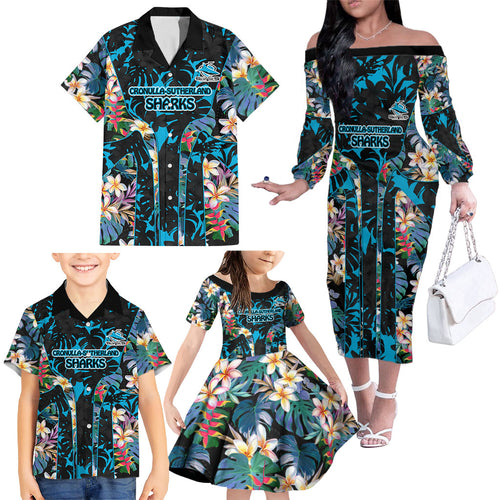Cronulla-Sutherland Sharks Family Matching Off The Shoulder Long Sleeve Dress and Hawaiian Shirt Tropical Island Floral Pattern With Black And Blue Accents