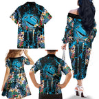 Cronulla-Sutherland Sharks Family Matching Off The Shoulder Long Sleeve Dress and Hawaiian Shirt Tropical Island Floral Pattern With Black And Blue Accents