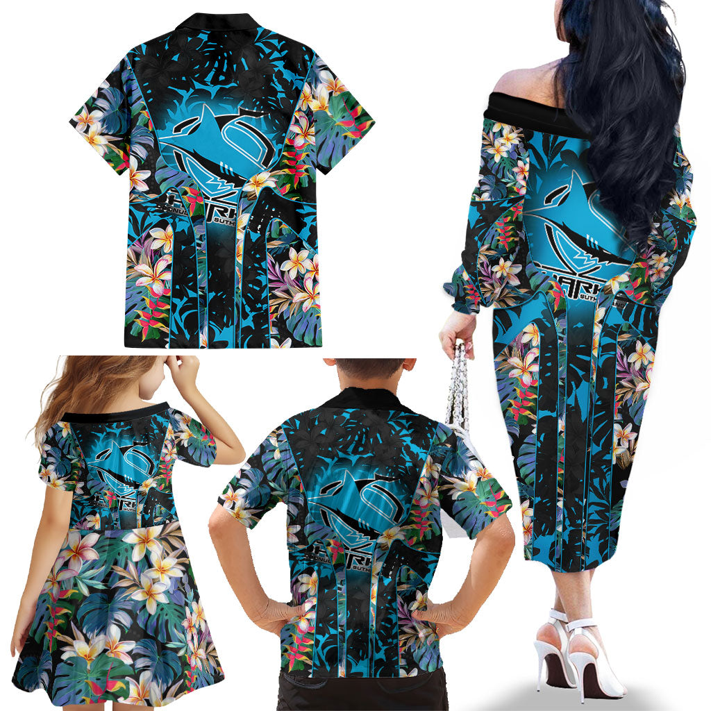 Cronulla-Sutherland Sharks Family Matching Off The Shoulder Long Sleeve Dress and Hawaiian Shirt Tropical Island Floral Pattern With Black And Blue Accents