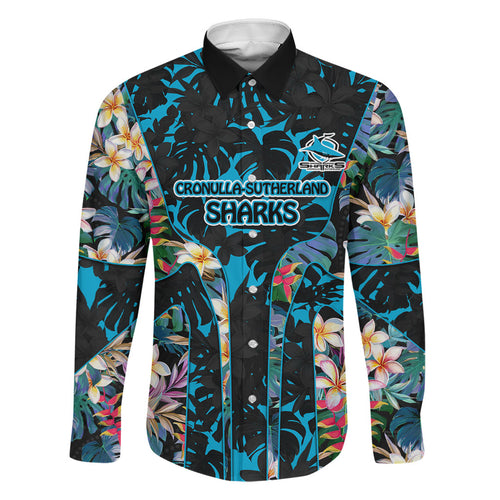 Cronulla-Sutherland Sharks Family Matching Off The Shoulder Long Sleeve Dress and Hawaiian Shirt Tropical Island Floral Pattern With Black And Blue Accents
