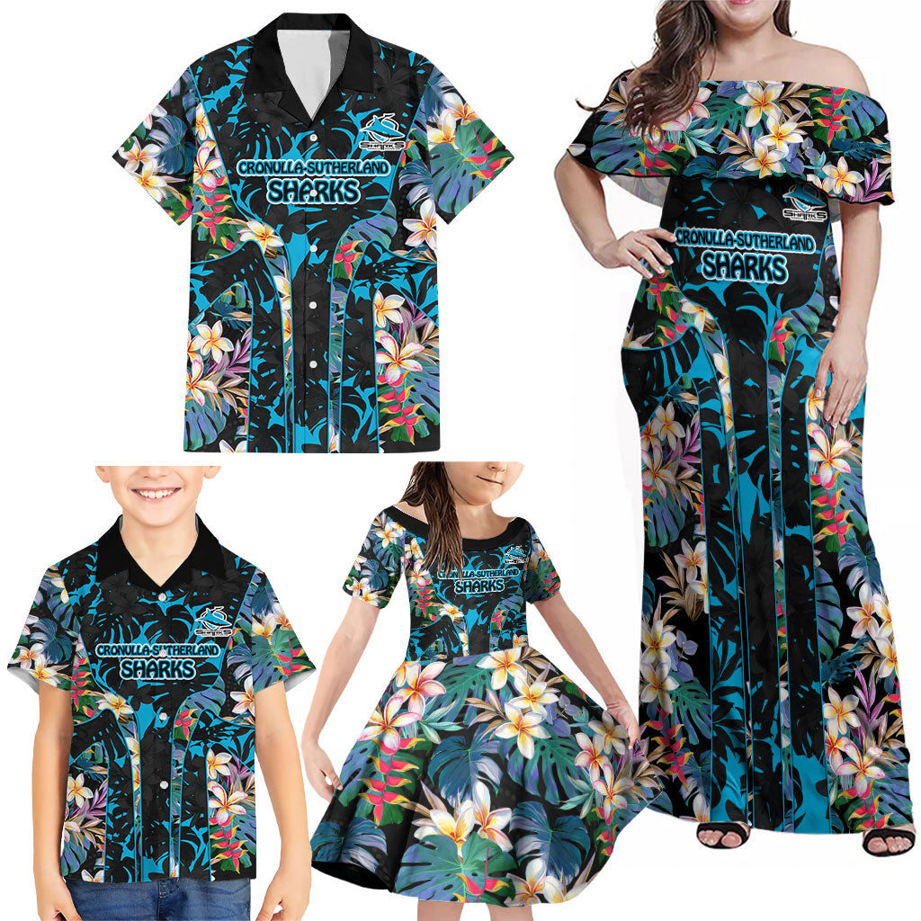Cronulla-Sutherland Sharks Family Matching Off Shoulder Maxi Dress and Hawaiian Shirt Tropical Island Floral Pattern With Black And Blue Accents
