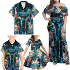 Cronulla-Sutherland Sharks Family Matching Off Shoulder Maxi Dress and Hawaiian Shirt Tropical Island Floral Pattern With Black And Blue Accents