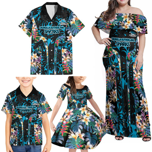 Cronulla-Sutherland Sharks Family Matching Off Shoulder Maxi Dress and Hawaiian Shirt Tropical Island Floral Pattern With Black And Blue Accents