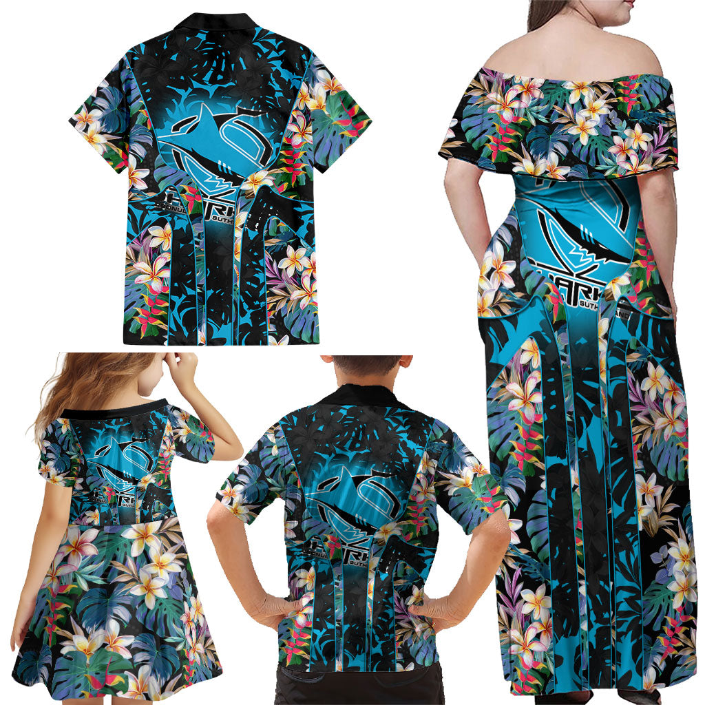 Cronulla-Sutherland Sharks Family Matching Off Shoulder Maxi Dress and Hawaiian Shirt Tropical Island Floral Pattern With Black And Blue Accents