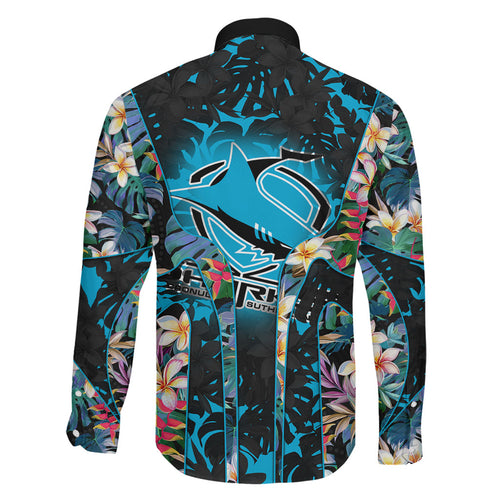 Cronulla-Sutherland Sharks Family Matching Off Shoulder Maxi Dress and Hawaiian Shirt Tropical Island Floral Pattern With Black And Blue Accents
