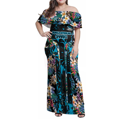 Cronulla-Sutherland Sharks Family Matching Off Shoulder Maxi Dress and Hawaiian Shirt Tropical Island Floral Pattern With Black And Blue Accents